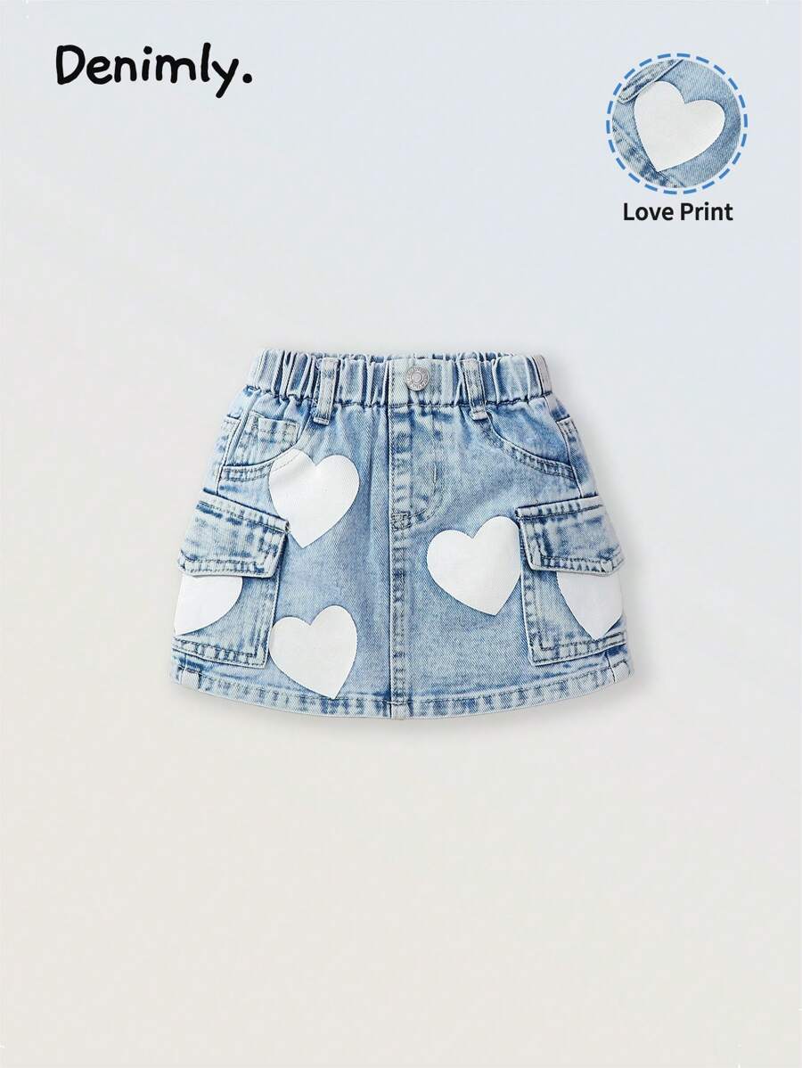女婴休闲牛仔心形印花贴袋松紧腰裙 - 淺色水洗藍 - 查看 1