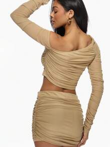 MISSGUIDED Mesh Ruched Two Piece Set Off Shoulder Long Sleeve Crop Top Mini Skirt Co-Ord Party Club Night Out Bodycon Outfit Set