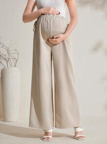 SHEIN Maternity Solid Color Adjustable Waist Wide Leg Loose Casual Pants - Khaki - View 5