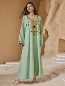 Al Najma Women's V-Neck Pullover Elegant Floral Tunic, Turkish & Arabian Traditional Long Dress, Spring/Summer, Kaftan & Jalabiya, Luxury Evening Dresses For Women - Mint Green - View 4