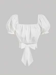 Tween Girl Relaxed Contrast Tape Patchwork Hem Square Collar Puff Sleeve Blouse - White - View 2