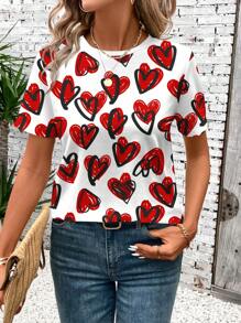 SHEIN LUNE Casual Heart Pattern Round Neck Short Sleeve Women T-Shirt, Suitable For Spring & Summer
