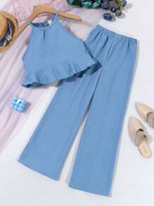 SHEIN Conjunto de 2 piezas con top halter con dobladillo con volantes y pantalones en unicolor para niña preadolescente - Azul - View 3