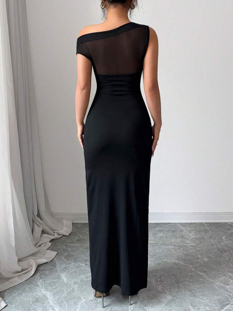 Gloray Sexy Black See-Through Mesh Splice Oblique Shoulder Ruched High Split Dress For Women - Black - View 2