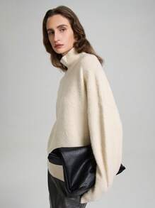 Ontre Long Sleeve Turtleneck Old Money Style Sweater, Women Fuzzy Cashmere Feel Sweater, Cozy Homewear, Milky White Color, Suitable For Spring - White - View 5