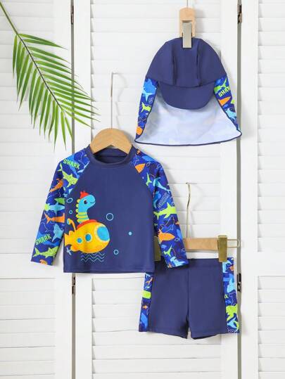 Conjunto de 2 piezas con pantalones de baño de manga larga y estampado de tiburón para bebé niño