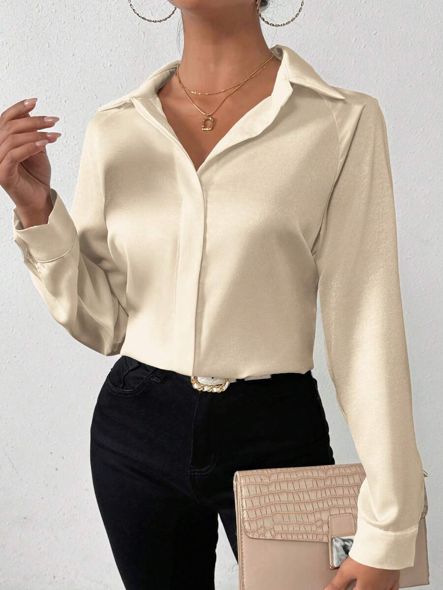 EMERY ROSE Women Plain Satin Simple Shirt, Asymmetric Hem Fall Cloth For Women - Apricot - View 1