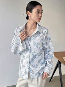 FRIFUL 女式碎花领长袖休闲衬衫，春季办公室服装