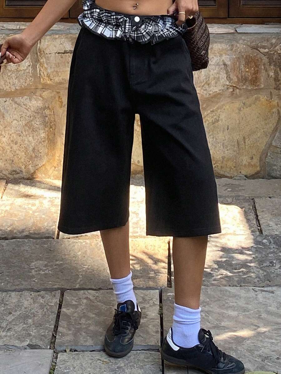 DAZY Hippie Patchwork Plaid Floral Trim Straight Leg Women Denim Shorts For Spring Summer - Black - View 1