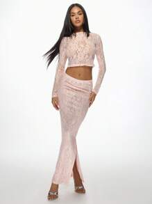 MISSGUIDED Luxury Lace Two-Piece Evening Set Long Sleeve Crop Top Maxi Skirt Party Wedding Guest Special Occasion Formal Spring Summer - Pink - View 1