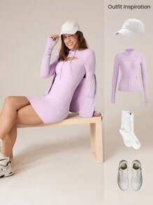 GLOWMODE Vestido casual deportivo de manga larga con cuello, unicolor, ajustado y de largo mini para mujer