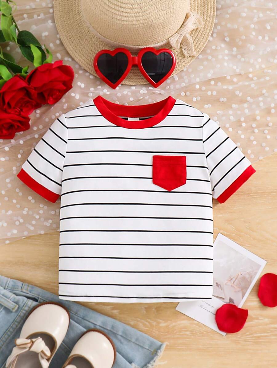 Young Girl Ribbed Striped Color Block Fitted Crew Neck T-Shirt - Multicolor - View 1