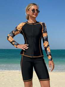 Swim SPRTY 3 件套：印花五分泳裤、运动紧身背心、拉链长袖罩衫，适合海滩、泳衣、冲浪服、适度覆盖、修身款，适合夏季度假 - 彩色 - 查看 4