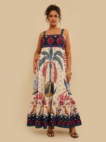 Travachic Plus Size Women Boho Summer Beach Tropical Plant Print Cami Dress,Beach Dress Sundress,Holiday Outfits