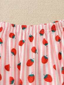 2pcs/Set Teen Girls Cute Sweet Strawberry Striped Print White Short Sleeve Top & Pants Set, Comfortable Crew Neck Summer/Spring Loungewear