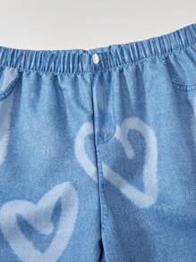 Wildeya Tween-Mädchen 2-teiliges Set mit einfarbigem, asymmetrischem Kurzarm-T-Shirt und langen Hosen in Denim-Optik mit Herz-Print