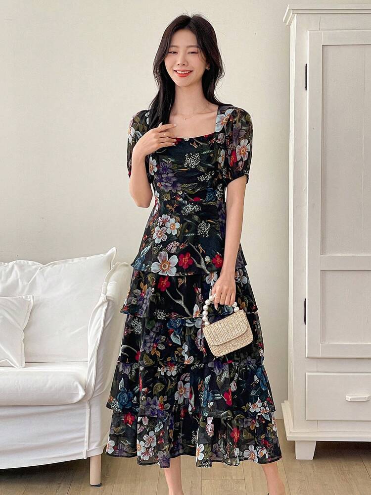 Women's Floral Print Casual Mini Dress, Loose Fitting Short Sleeve Knee Length Maxi Dress Boho