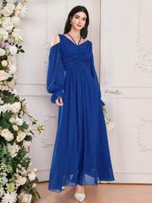 Modelyn Women's Solid Color Long Sleeve Long Dress, Simple Fashionable Casual Everyday Wear - Blue - View 6