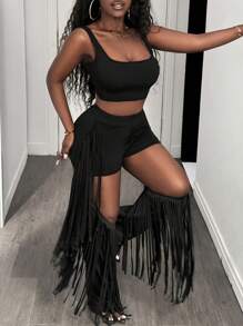 BamGleam 2 件套短款上衣，带有流苏细节和大腿处镂空设计，性感