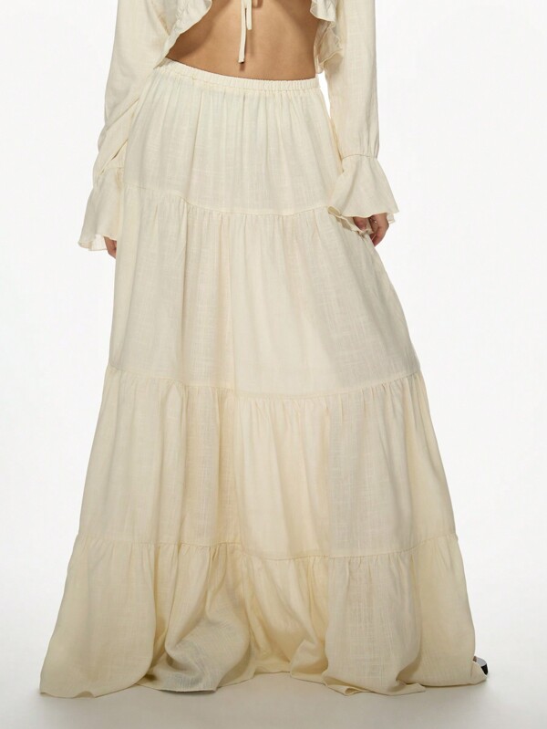 MISSGUIDED Jupe longue bohème à plusieurs niveaux en lin, longueur au sol, style flowy paysan, jupe longue d'été pour mariage sur la plage avec détails volantés