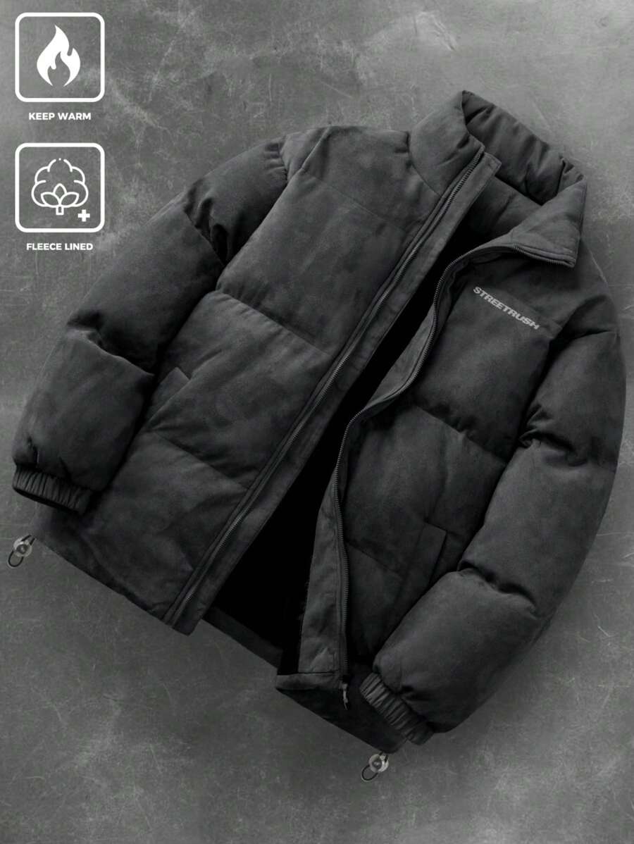 PAVTROS 男士简约字母印花前拉链长袖休闲夹克，秋季男装，男士冬季外套，纯色加绒保暖冬季外套