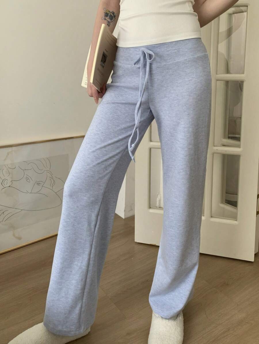 SHEIN EZwear 女士保暖内衬舒适居家长裤，蓝色，适合秋冬季 - 淺藍色 - 查看 1