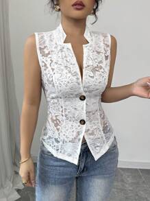 Elenzga Sheer Lace Sleeveless Vest Jacket - White - View 3