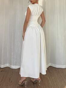 SHEIN Unity Women's Solid Color Round Neck Ruched Casual Long Dress - White - View 4