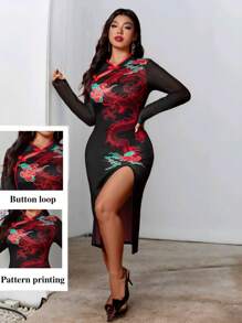 Celure 大码女士优雅旗袍连衣裙，中式立领，红色撞色，纽扣门襟，龙和祥云印花，中国新年/节日 - 黑色 - 查看 3