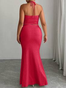 SHEIN Clasi Women's Spaghetti Strap Deep V-Neck Camisole Top And Bodycon Mini Skirt Set - Red - View 2