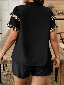 Breezaya Plus Size Solid Color Cutout V-Neck Short Sleeve Casual Vacation Style Shirt