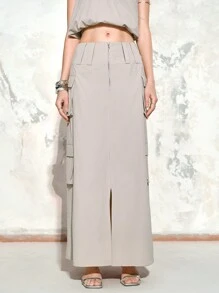 Arave 女士纯色前拉链口袋休闲半身裙 - 卡其色 - 查看 5