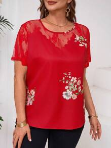 SHEIN Clasi 大码女式夏季蕾丝花卉撞色网眼短袖衬衫