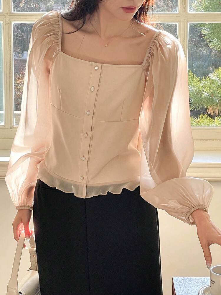 Women's Solid Color Long Sleeve Shirt, Minimalist Fashion Casual Everyday Wear,Ruffle