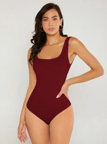 SHEIN BASICS 1件女款純色極簡基本款保守性感休閒日常連身衣 夏季女裝 日常白天穿搭 酒紅色 辦公室穿搭 - 酒紅色 - 查看 5