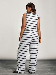 Calvaya Plus Size Black And White Ribbed Knit Print Summer Elegant Smart Casual Vacation 2pcs Set,Ruffled Trim Front Open Vest & Casual Pants Suit - Black and White - View 2