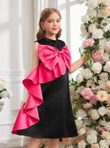 SHEIN Vestido elegante de fiesta para niñas preadolescentes con bloqueo de color, lazo y volantes en el dobladillo - Multicolor - Ver 3