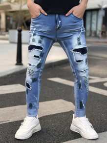 Manfinity Roughcore Men's Dark Blue Washed Denim Stretch Skinny Jeans - Teal Blue - View 1