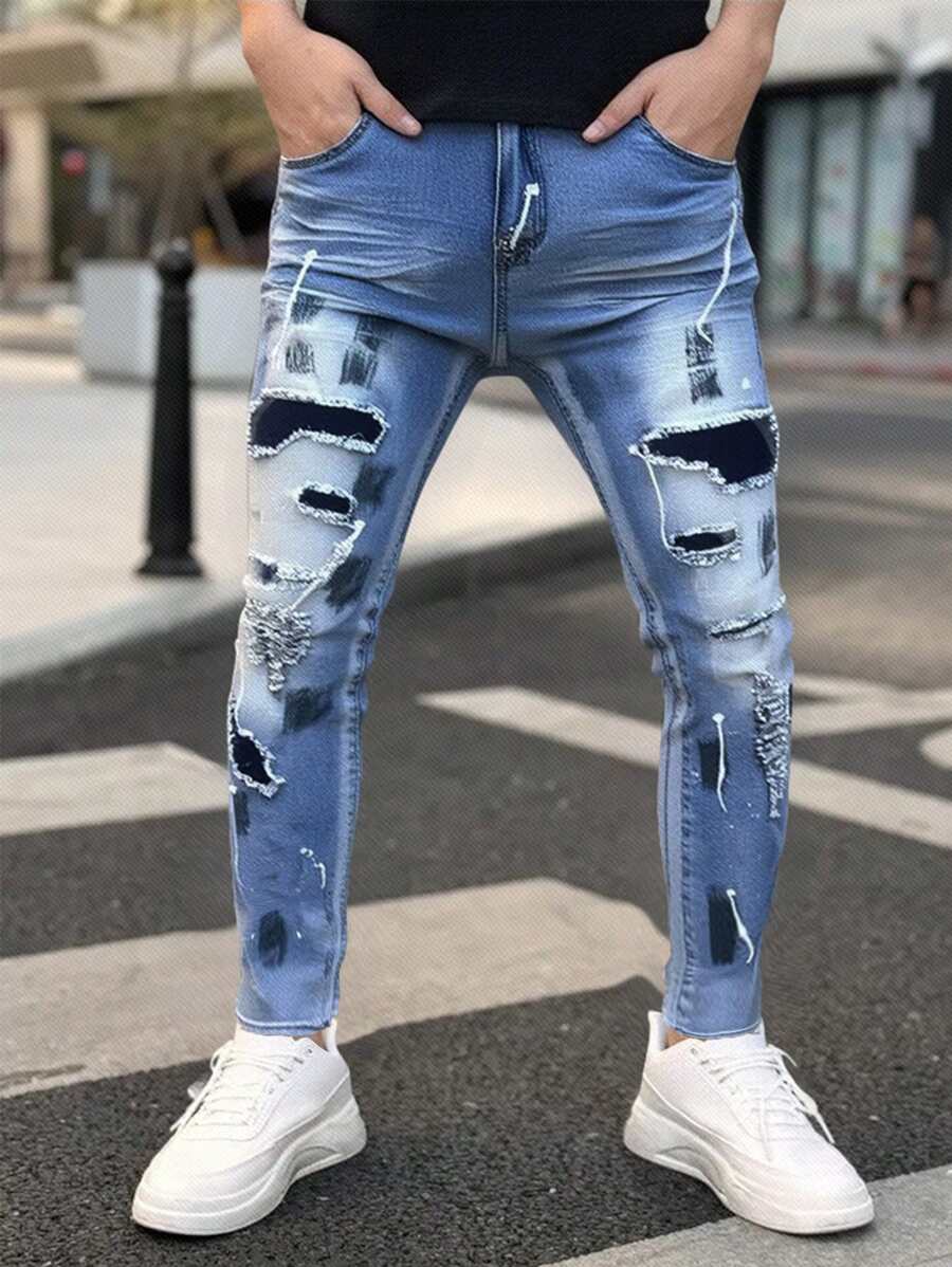 Manfinity Roughcore Men's Dark Blue Washed Denim Stretch Skinny Jeans - Teal Blue - View 1