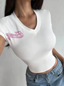 Flirla 女士修身 V 领短袖纯色 T 恤，夏季