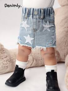 Baby Girl Y2K Star Patch Ripped Raw Hem Jean Skirt,Light Blue And White,Summer,Casual,Vacation Cute Chic Boho Urban Street Elastic Waist Jean Skirt - Light Wash - View 1