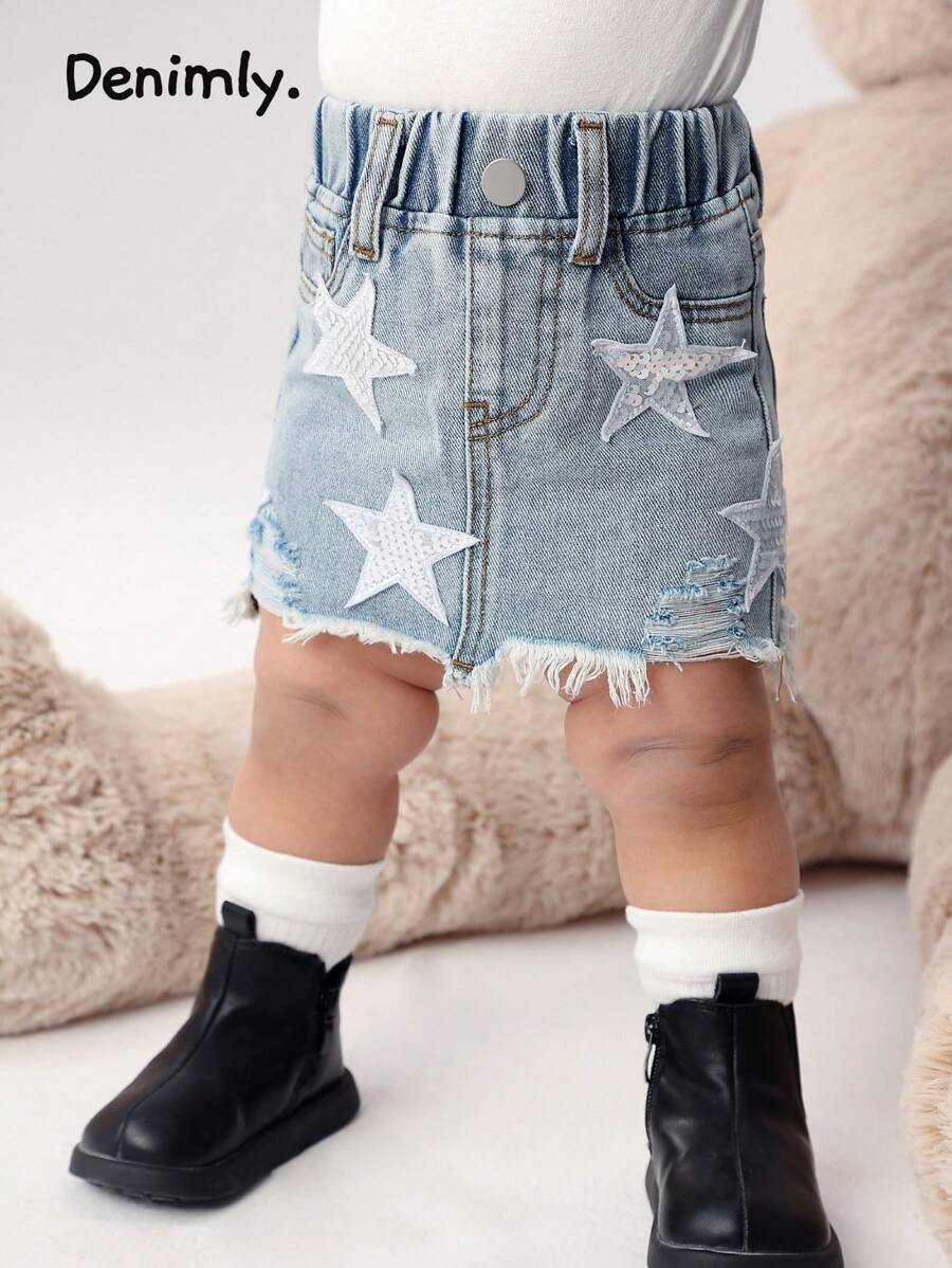 Baby Girl Y2K Star Patch Ripped Raw Hem Jean Skirt,Light Blue And White,Summer,Casual,Vacation Cute Chic Boho Urban Street Elastic Waist Jean Skirt - Light Wash - View 1