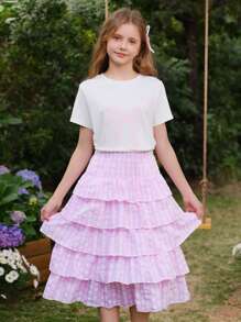 SHEIN Tween Girls 2pcs Bowknot Short Sleeve Top And Plaid Multilayer Cake Skirt Set, Cute & Sweet Style, Suitable For Outings, Social Media Photos - Pink - View 1