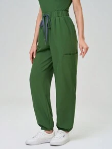 Scrubzie Women Solid Color Short Sleeve Long Pants Nurse Uniform Set Scrub Set Nurse Scrub Tops Scrub Bottoms Running Nurse & Uniform Scrubs Handwashing Pocketed Breathable Brushed Clothing Set Scrub Stretchable Athletic Workwear With Pockets Scrub Top And Pants Set Women's Scrub Set: Notch V-Neck Tuck In Top & Straight Leg Pants Essential Jogger Scrub Set Nursing Uniform Stretch Top & Drawstring Cargo Pants - Army Green - View 5