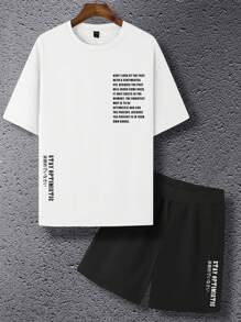 Manfinity Homme Loose Fit Men's Slogan Graphic T-Shirt & Drawstring Waist Shorts 2 Pieces Set - Multicolor - View 5