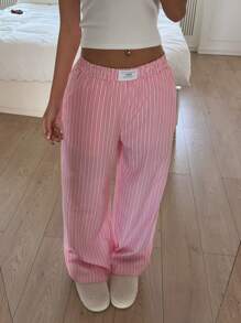 SHEIN EZwear 女式直筒宽松编织条纹字母印花长裤