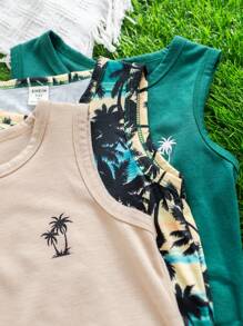 SHEIN 3件套男童休闲椰树印花圆领上衣，适合日常外出、上学、运动和度假，春夏穿着舒适。