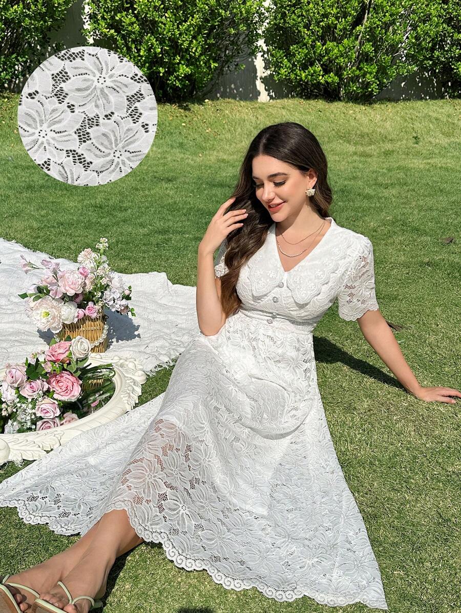 Modelyn Váy ren dài tay ngắn cổ Peter Pan kiểu Pháp ôm vừa vặn, dáng ôm cho nữ, mùa xuân/hè - trắng - Xem 1