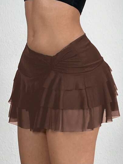 SHEIN EZwear Women Solid Color Asymmetrical Hem Pleated Waist A-Line Skirt