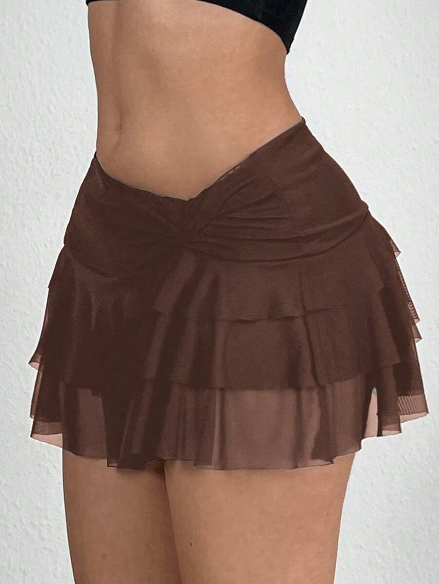 SHEIN EZwear 女士纯色不对称下摆褶皱腰 A 字裙 - 棕色 - 查看 1